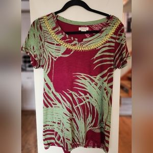 LUCKY Brand Women's Tropical Printed T Shirt with Crocheted Details.